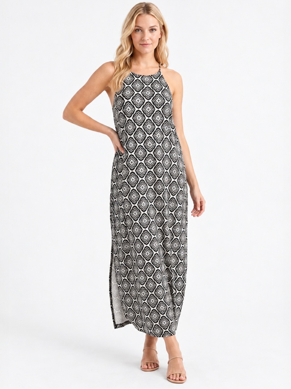 Boden Racer Neck Jersey Midi Dress Black White Botanic Blush Geometric Size 6